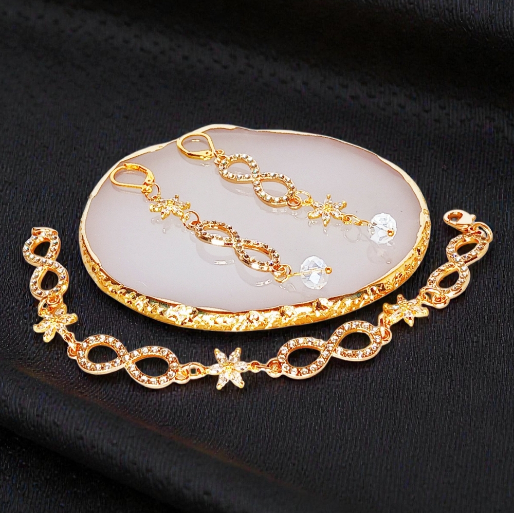 Gold Infinity Tennis Bracelet & Earrings Set Iced Out Frost Modern Retro Glam